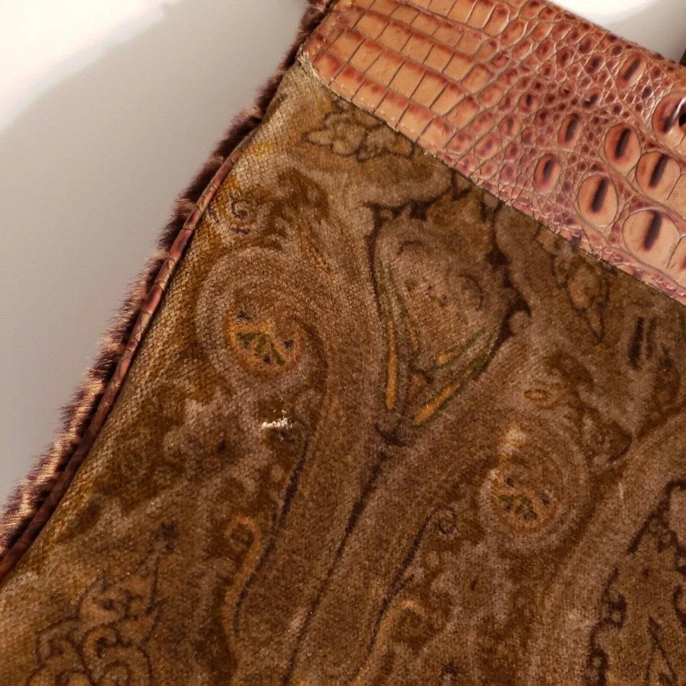 Rare Clever Carriage Company Brown Pony Hair Croc Embossed Leather Large Tote